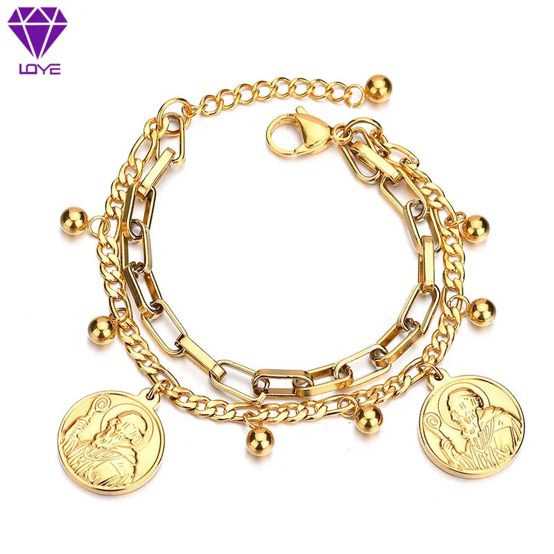 

Golden keel chain box chain round tag Pharaoh stainless steel bracelet
