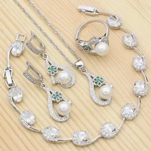 Серебро 925 Свадебные Ювелирные наборы для женщин белый жемчуг зеленый кубический цирконий ожерелье/серьги/браслет/кулон/кольцо