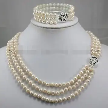 

Free Shipping>>new hot 3Rows 7-8mm White Akoya Cultured Pearl Silver Clasp Necklace Bracelet set