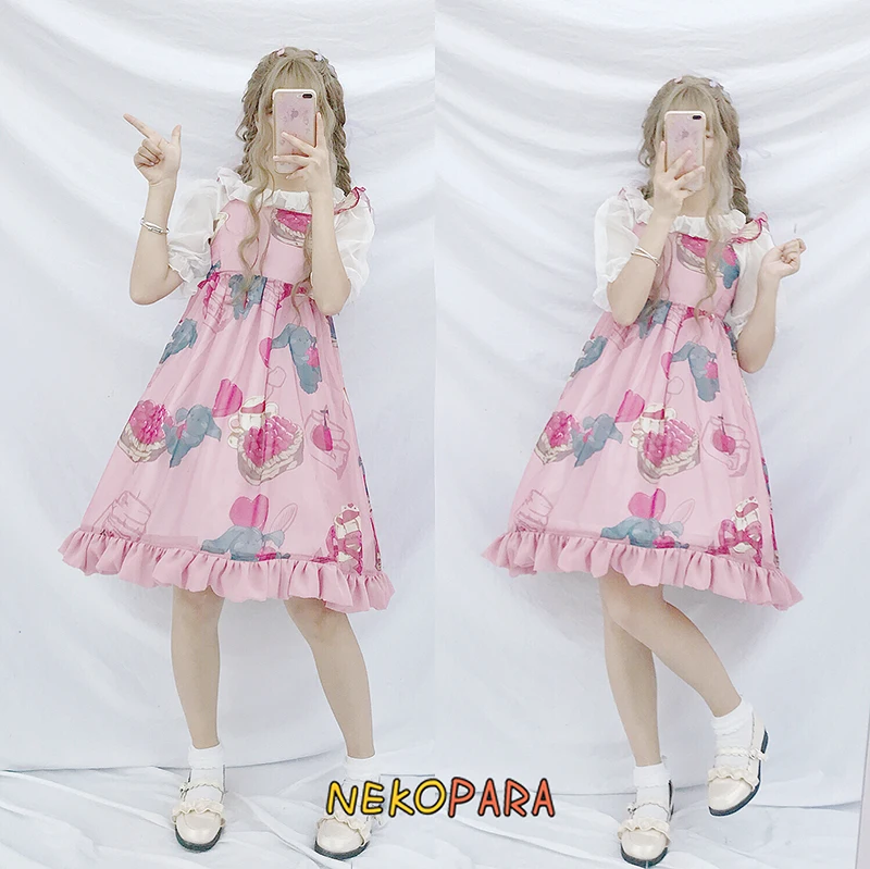 

Cherry Heart Rabbit Sweet JSK Lolita Dress Summer Chiffon Dress Color Pink&Grey 2Pcs Set:Suspender Dress+Shirt