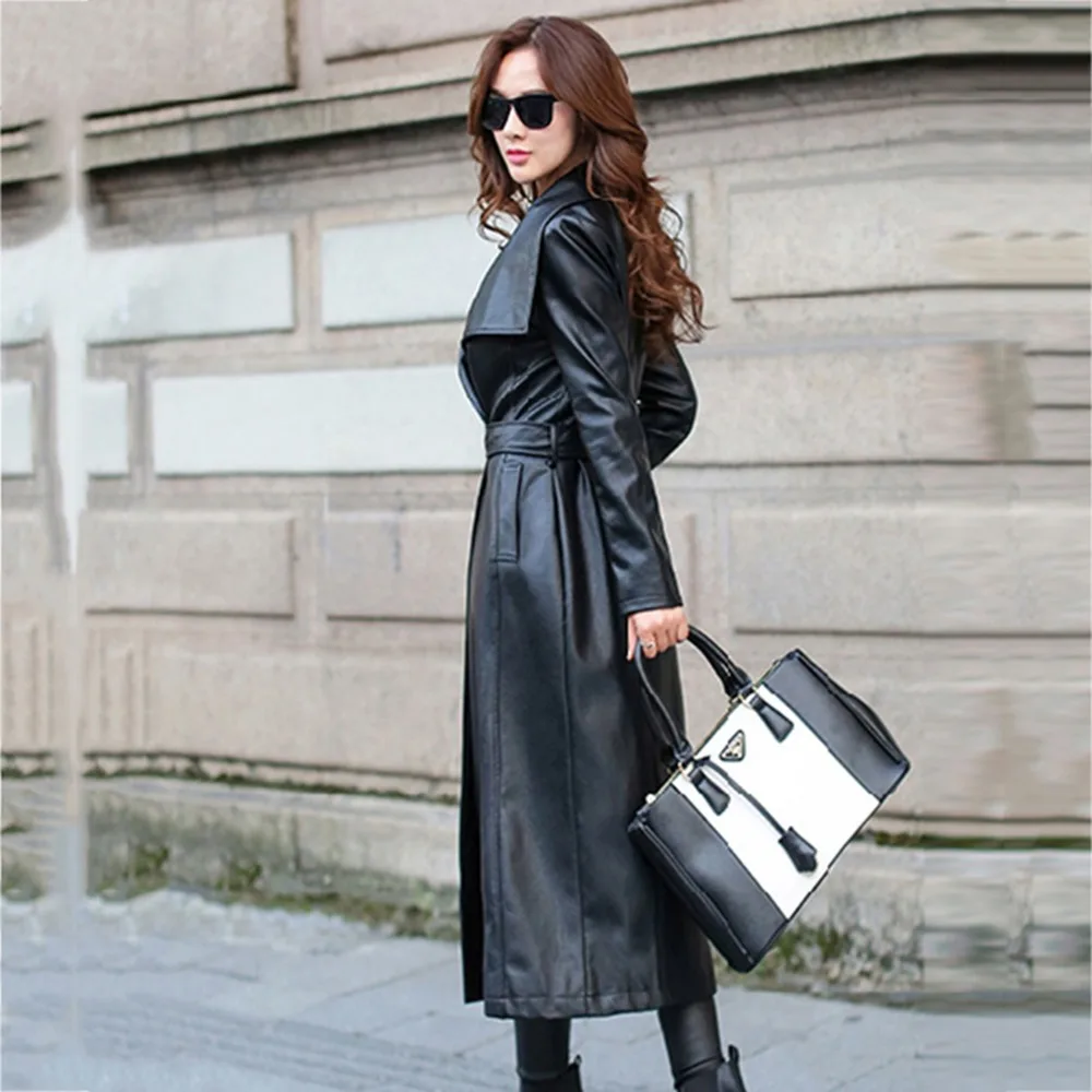 

2019 Spring Autumn New Women Leather Trench Black Female Leather Coat High Street Sashes Long Leather Clothing Plus Size NW1146