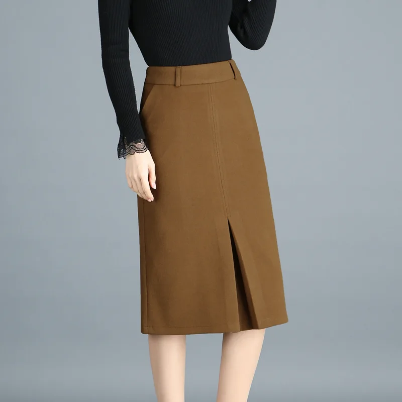 

2019 Spring Wool Pencil Skirt Korean Slim Solid Warm Invisible Zipper High Waist Midi Skirt Plus Size Black Camel Skirt L-5xl