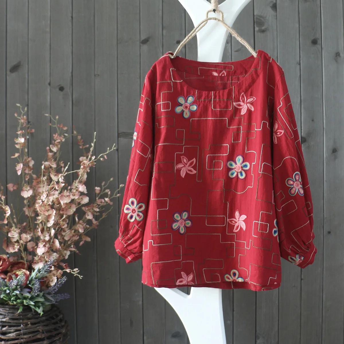 Национальная Цветочная вышивка женская блузка в китайском стиле весна осень винтажная Повседневная Свободная рубашка из хлопка и льна женская одежда топы