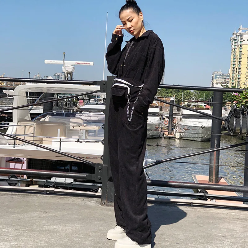 Retro Corduroy Rompers Women Single Breasted Jumpsuit Cargo Wide Legs Overalls with the Belt Bags Casual One-piece Suits Romper