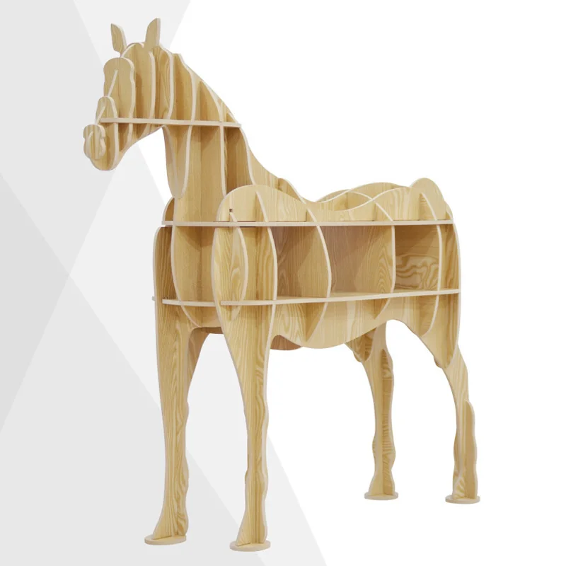

Horse Display Bookshelf Wooden Furniture Home Storage Stand Wood Puzzle for Office Living Room Bar Walnut Black White Ash Color