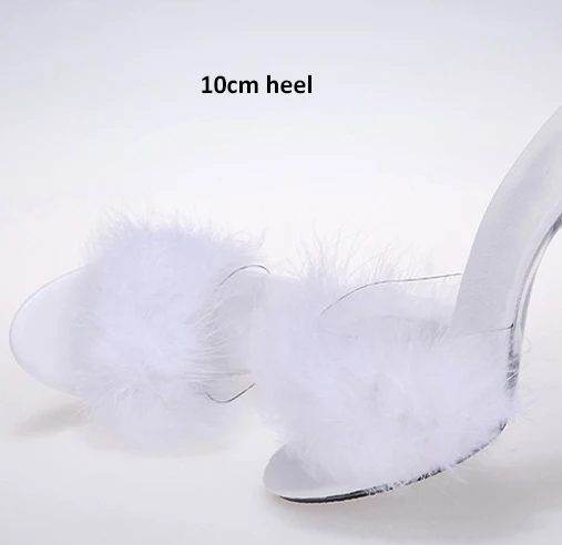 Прозрачные женские туфли-лодочки пикантные босоножки на высоком каблуке 10 см со стразами модные вечерние женские туфли-лодочки с перьями большие размеры 34–44 - Цвет: white 10cm heel
