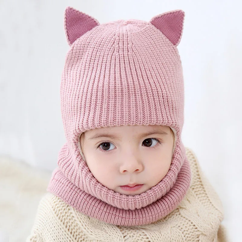 Новая Вязаная Детская шапка с кошачьими ушками, детская шапка с шарф с капюшоном, осенне-зимняя детская шапочка колпачок с теплым плюшем, Детские кепки для девочек и мальчиков - Цвет: pink ears