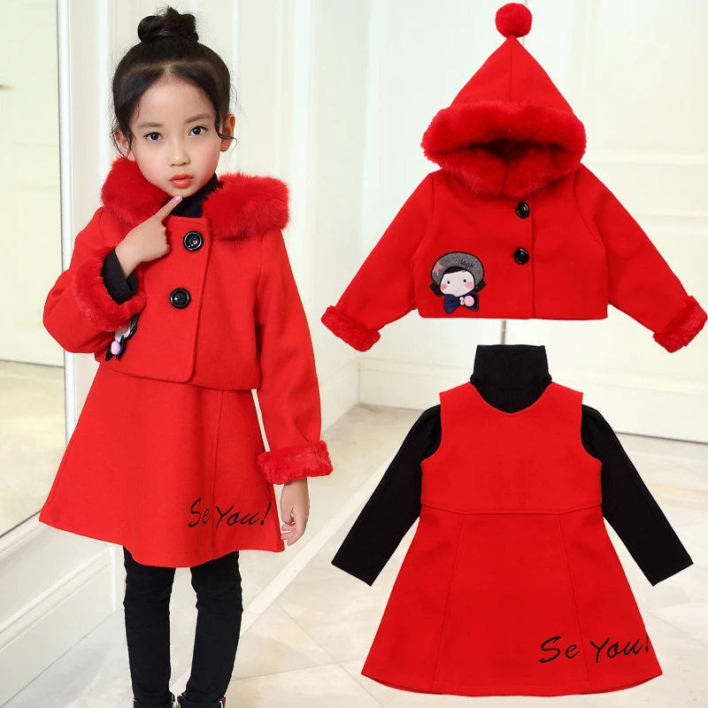 

High Quality 3pcs Baby Girls Clothes Set Fashion Children Autumn Winter Jackets Hooded Coat+dress+shirt suit Kids Warm Coat D134
