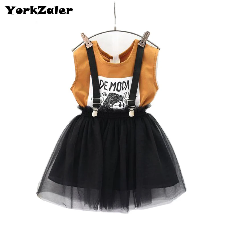 

Girls Clothes Set Outfit Summer Baby Clothing Brown Shirt & Black Sling Skirt Overall 2 pcs Children Sets