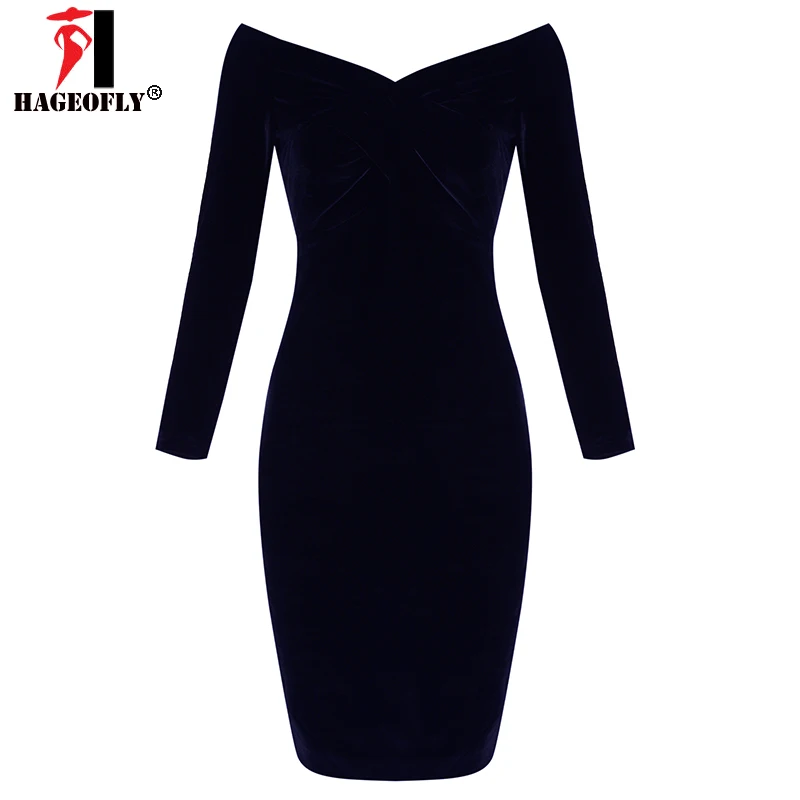 HAGEOFLY 2018 Autumn New Long Sleeve Vestidos Fashion Women Party Runway Dress Sexy V Neck Off Shoulder Club Midi Velvet Dress