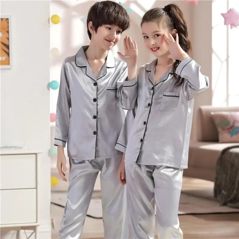 

5-13 years Children Girls Boys Pajamas Set Silk fabric Pajama 2019 Spring Kids home Clothes Nightwear Sleepwear Girl Clothes Set