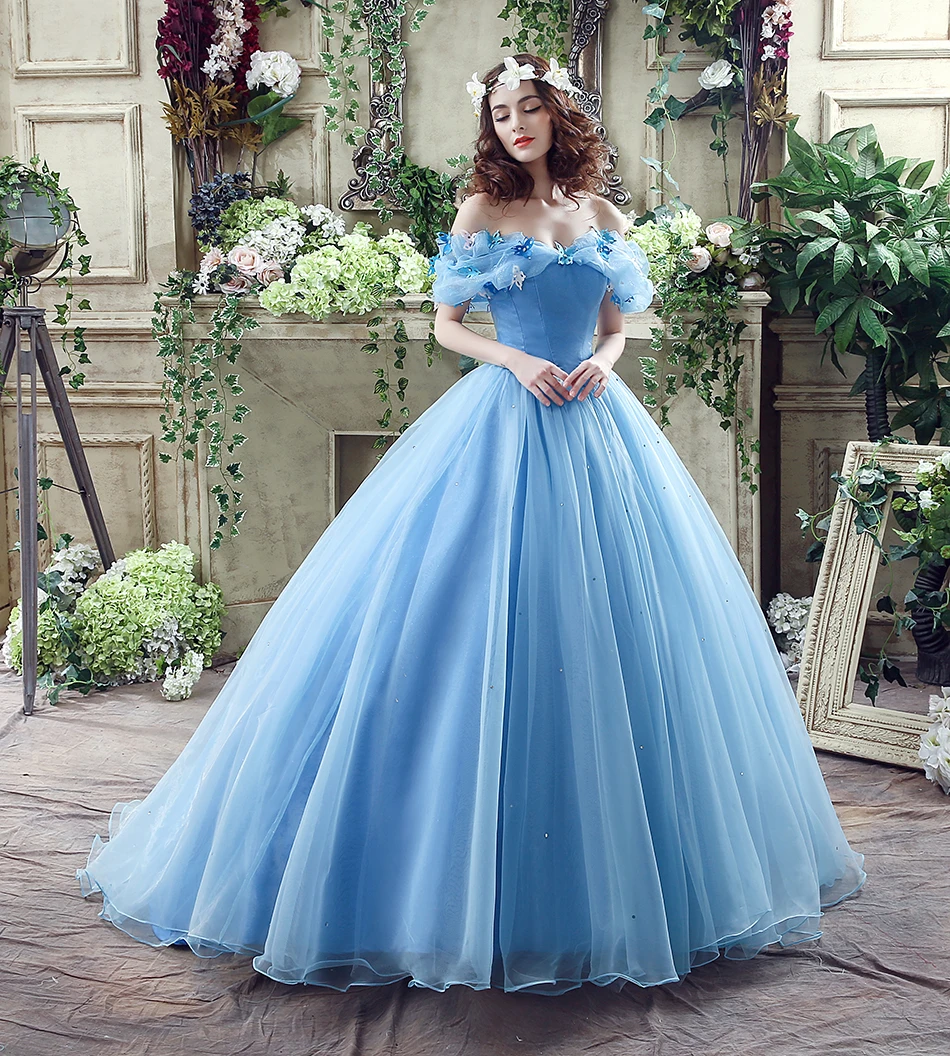 Романтическое Платье из Органзы Для выпускного бала; синее платье с открытыми плечами и v-образным вырезом; платье принцессы Золушки для костюмированной вечеринки с бабочкой;
