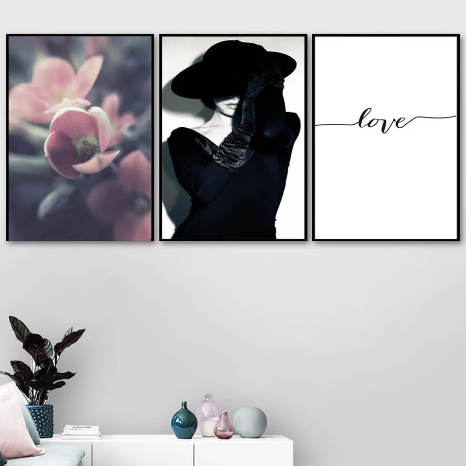 Flower-Girl-Black-Hat-Love-Quotes-Wall-Art-Canvas-Painting-Black-White-Nordic-Posters-And-Prints