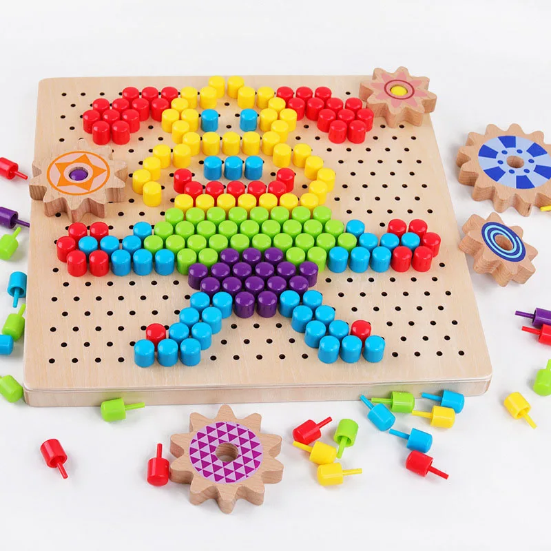 Variable Pixel Painting Wooden Toy Mosaic Plastic Wood New Three-dimensional Early Education Educational Toy Mushroom Pin Mosaic - Цвет: Красный