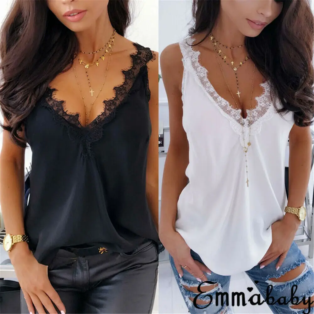 

New Women Ladies Fashion Casual Summer Tank Top Solid Lace Sleeveless V Neck Vest Tank Top Camisole Party Clubwear