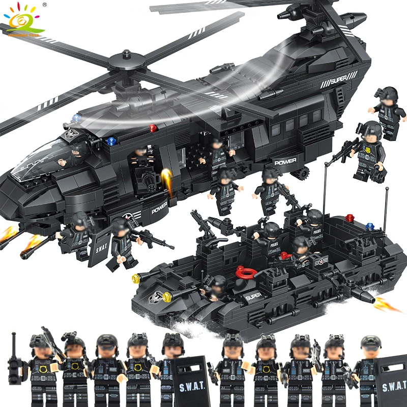 

1351pcs Military Army Swat Police Building Blocks Spaceship with figure Compatible helicopter Brick Toys for children