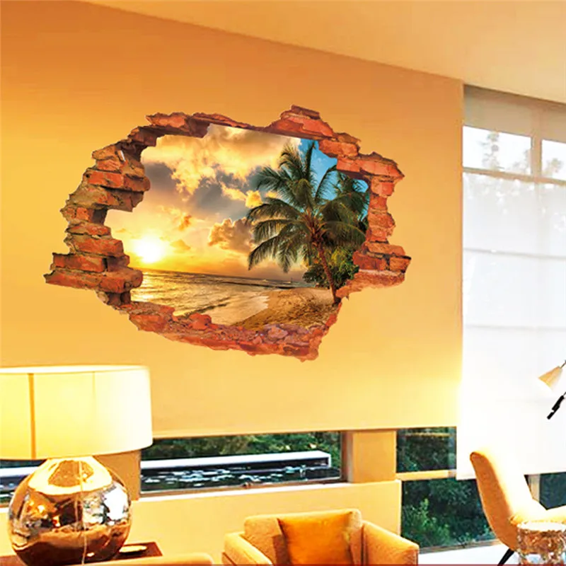 Солнечный свет пляж море солнце дерево 3d окно отверстие вид виниловые наклейки на стену дети гостиная диван стены домашний офис пейзаж Фреска Искусство