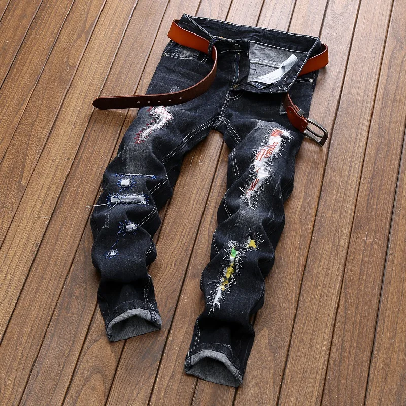 2018 HIP HOP Hot MOTO Biker Fashion Men Washed Ripped Destroyed Holes Jeans Straight Casual Straight Denim Trousers 