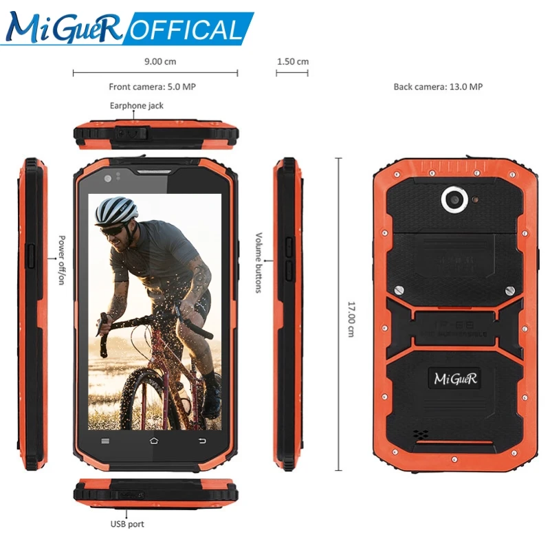 MiGueR A8 IP68 WaterProof Mobile Phone 5.5 HD 2GB RAM 16GB ROM MTK6735 Quad Core 3350mAh 4G LTE SmartPhone