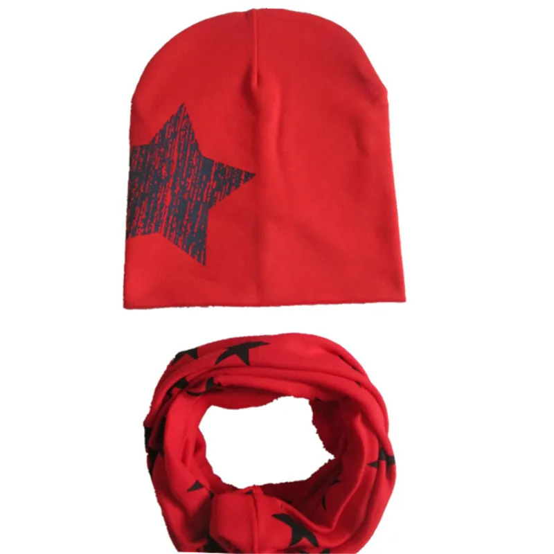 Хлопковые детские наборы шарф шапка детская шапка комплект весна дети кольцо воротник мальчик теплые шапочки Осень Wnter звезда печати шапка для маленьких девочек - Цвет: star red