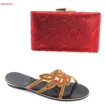

doershow Free Shipping Upscale African Woman red Sandals Shoes High Heels Matching Bag Italian Shoes And Bag Set Online YBV1-20