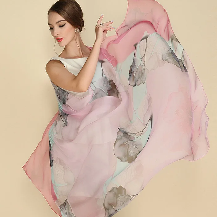 Натуральный шелковый шарф, шаль, хиджаб для женщин, длинный стиль, цифровая печать, классический цветочный дизайн, большой размер 175x108 см - Цвет: 18