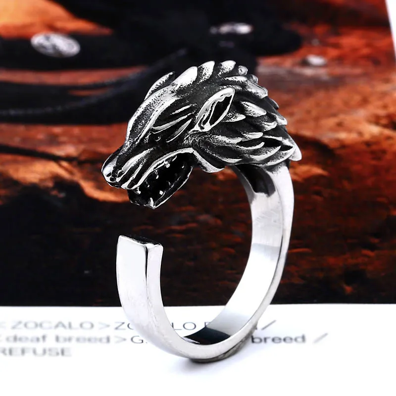 Beier Store Stainless Steel Game Thrones Ice Wolf House Stark Of Winterfell Biker Animal opend Ring Fashion Jewelry BR8-477