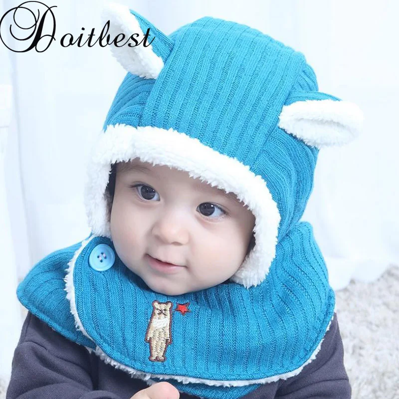 

Doitbest 6 momths to 3 Y baby kids Beanie Conjoined rabbit ears kids boys Knitted fur hats winter 2 pcs boy girl scarf hat set