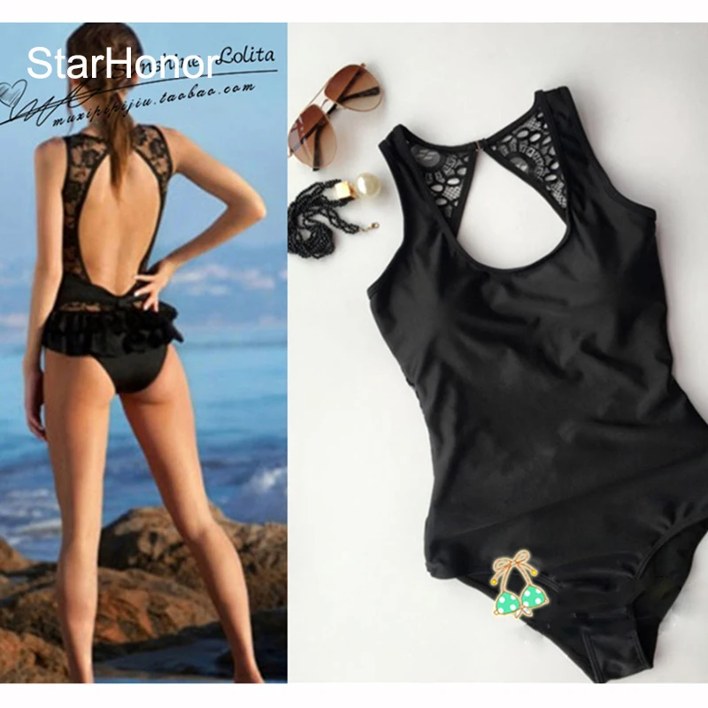 

StarHonor Woman Solid Bandage High Cut One-Piece Suits Swimwear Retro Halter Backless Swimsuit Bikinis Set Push Up Bather