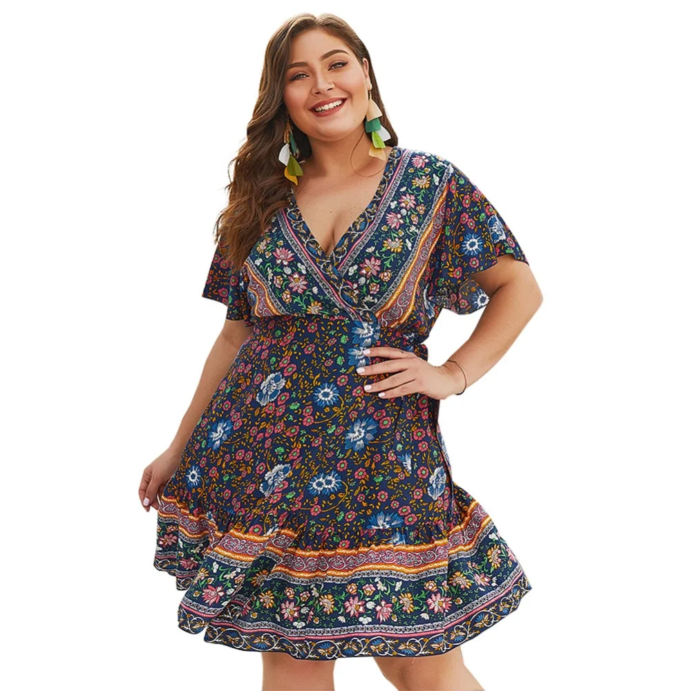 

Plus Size Printed V-neck Dress For Women Summer BOHO printing Dress in Spring Summer