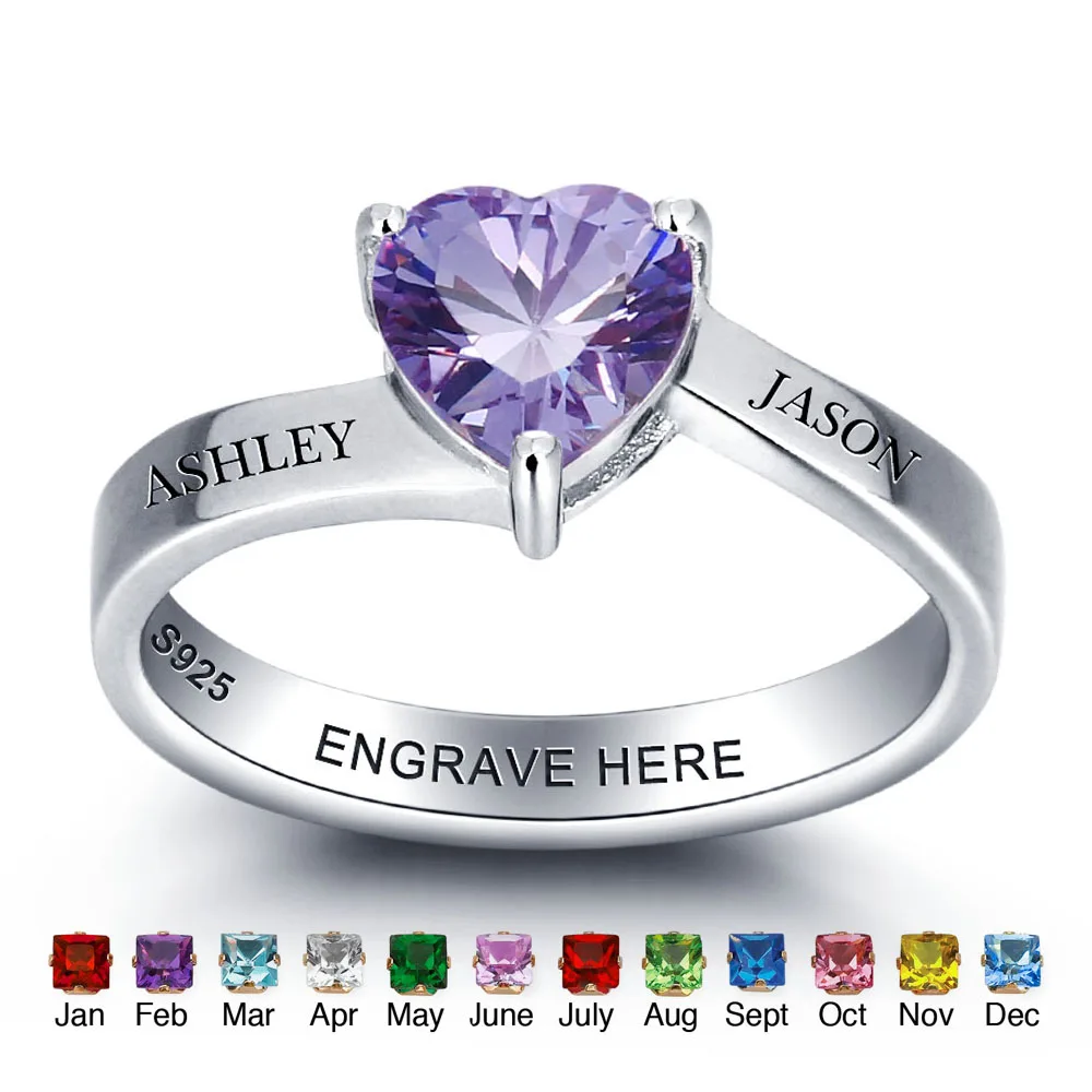 Personalized 925 Sterling Silver Birthstone Rings Romantic Heart Engrave Name Promise Ring Fine