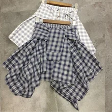 Повседневные хлопковые асимметричные юбки женские плиссированные клетчатые раздельные юбки с подкладкой эластичная талия пляжные трапециевидные женские мини-юбки