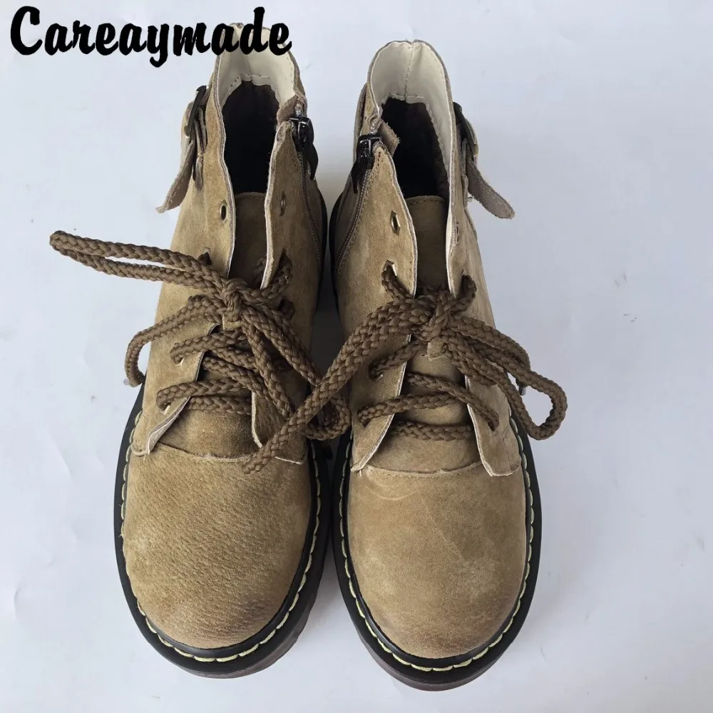 

Careaymade-New autumn and winter new Korean retro wipe color with side zipper strap thick bottom Genuine leather boots,2colors