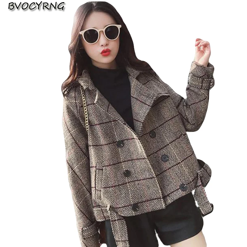 

Student Short Coat for Women 2019 Spring Autumn Plaid Woolen Outerwear Fashion Belt Slim Jacket Female Casual Parka Short Tops