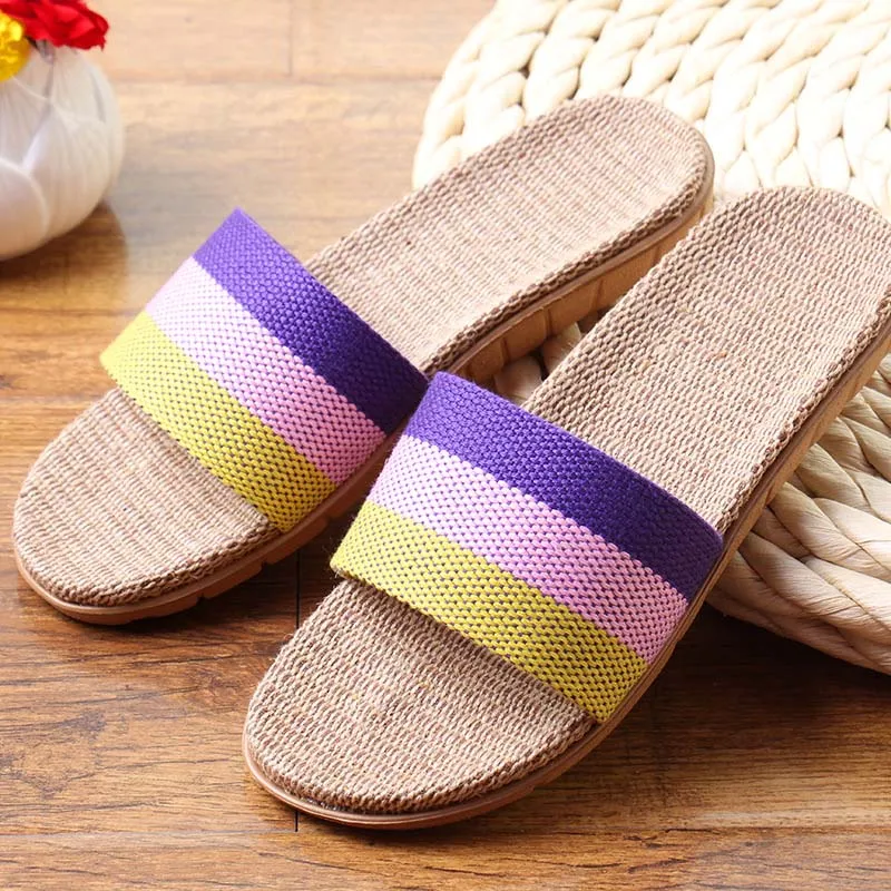 Summer Home Slippers Men Shoes Linen Flip Flops Striped Couples Slides Antiskid Indoor Slippers Flat Home Shoes Pantoufle Homme - Цвет: Фиолетовый