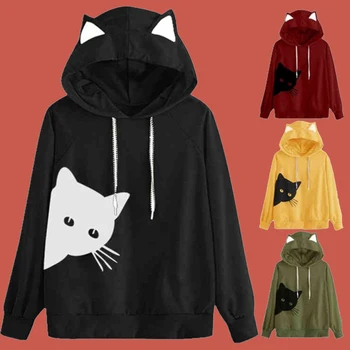 Winter Pullover Sweatshirt Women Cat Print Hoodie Drawstring Poleron Mujer 2019 Harajuku Xxl Hoodie Cat Ears Long Sleeve Hoodie christmas digital print pullover hoodie