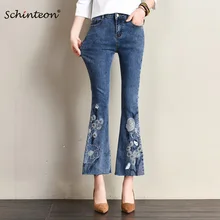 Женские джинсовые брюки больших размеров с вышивкой по щиколотку, расклешенные брюки с высокой талией, эластичные брюки, модные размеры 38 40