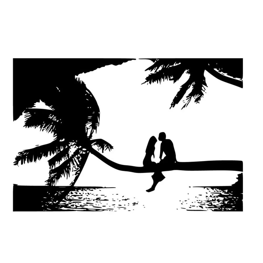 

Lover Sitting On The Palm Tree Wall Mural Living Room Hollow Out Seaside Landscape Wall Stickers Home Decor PVC Design
