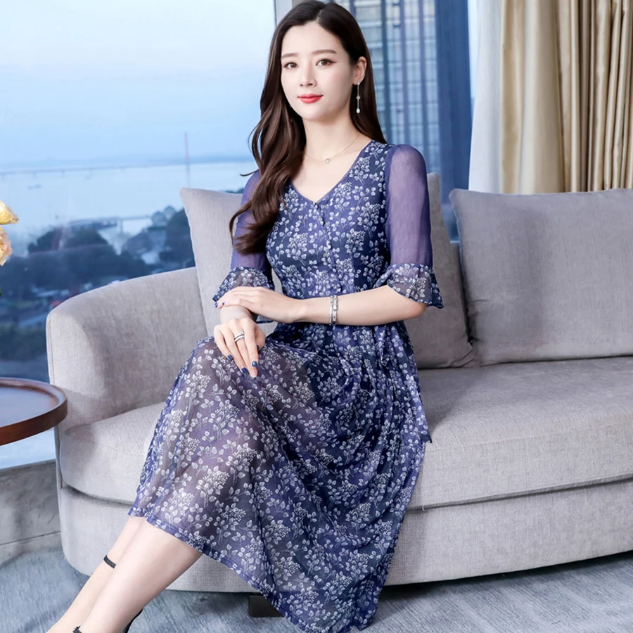 Лето г. Винтаж Цветочный шифон Boho сетки миди платье 3XL плюс размеры элегантный для женщин Корейский Макси Вечерние для вечеринок пикантны