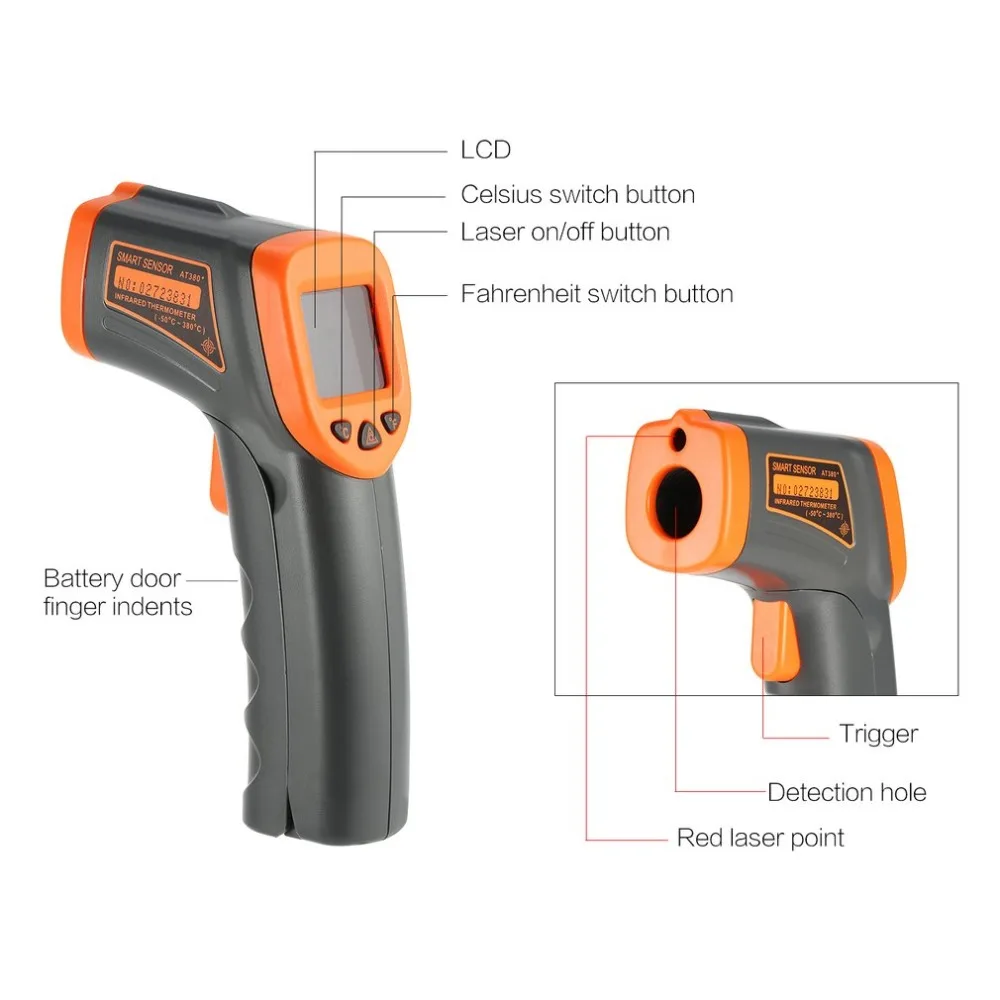 SMART SENSOR AT380+ Digital Infrared Handheld Temperature Gun Thermometer with Non Contact IR