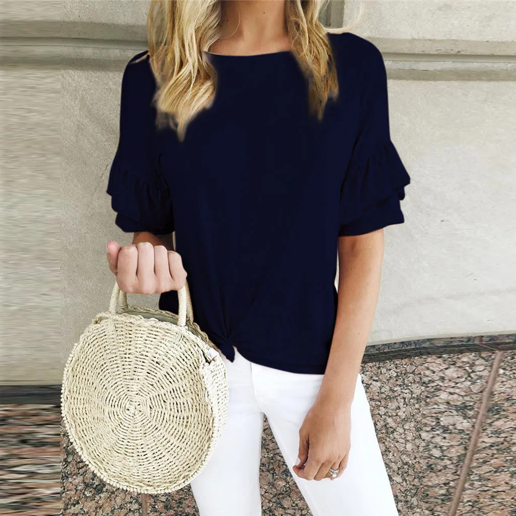 Fashion Women Summer T-Shirt Casual Simple O-Neck Solid Color Ruffles Short Sleeve Vest T-Shirt Cami Top Shirt