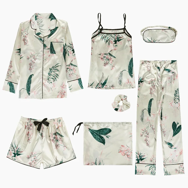 Kopen Lente Zomer 7 Pcs Set Zijde Elegante 2019 Vrouwen Pyjama Print Shorts Lange Mouw Top Elastische Taille Broek Volledige Lounge nachtkleding