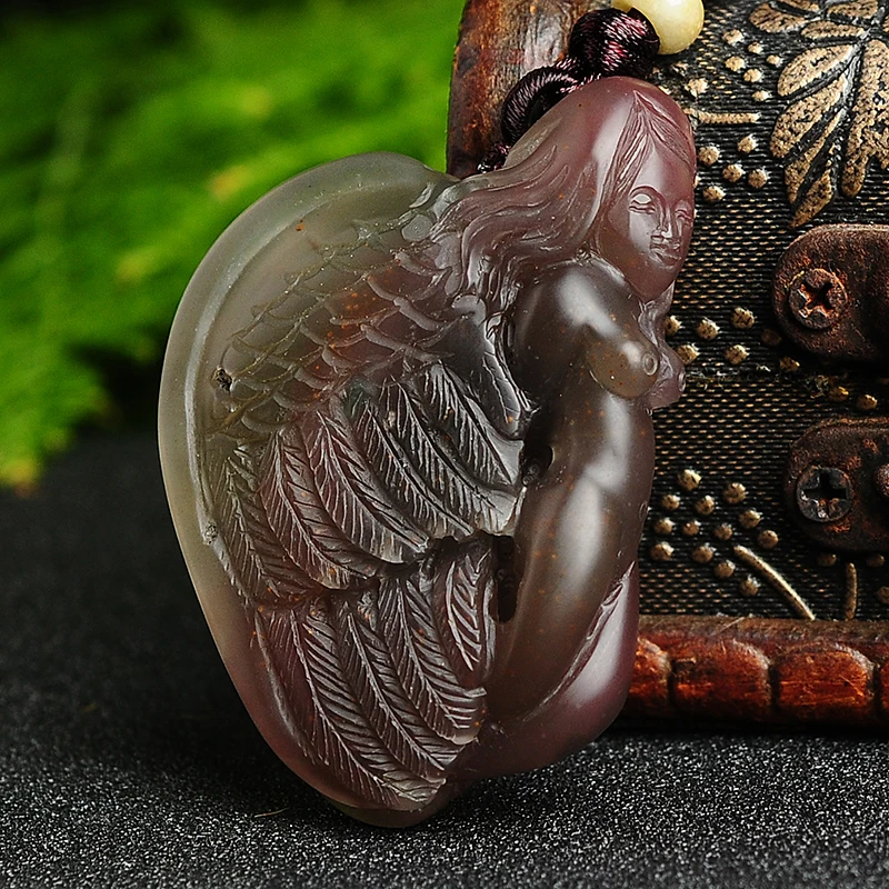 

Natural Light Purple Oil Green beauty Chalcedony Pendant Beautifully Carved Angel necklace Jade Pendant