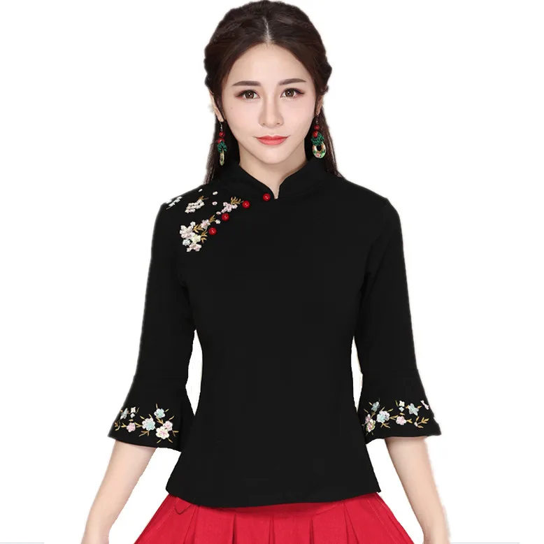Traditional Chinese tops Plus size women clothing female autumn black