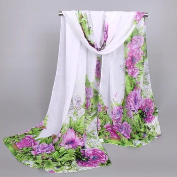 

Wholesle ladies printe peony floral scarf/scarves beach chiffon silk Muffler wash painting 4 color shawls/scarf 10pcs/lot