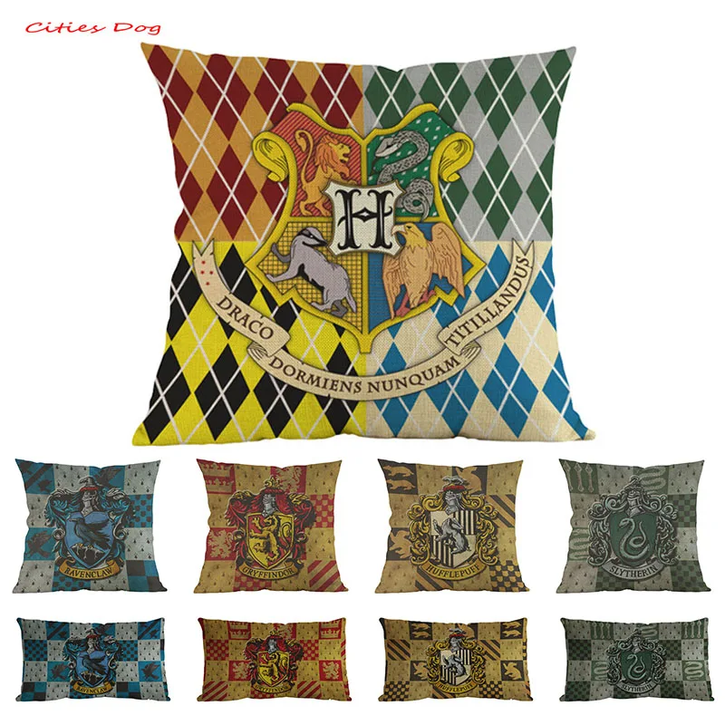 

Harry Potter Decorative Cushion Cover For Sofa Car Hufflepuff Gryffindor Slytherin Ravenclaw Cotton Linen Square Pillow Cases