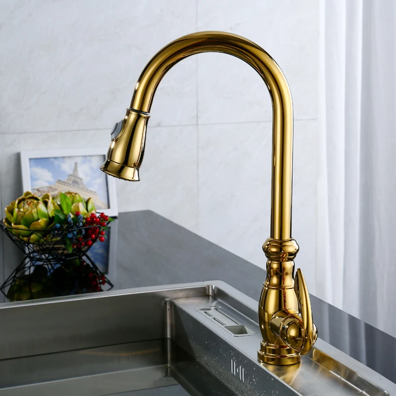 

OLMEY Single Handle Pull Down Luxury Golden Kitchen Faucets with Two-Function Spray Head, Hot/Cold Mixer Kitchen Taps 11009-C1