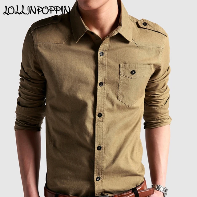 Met Epauletten Militaire Heren Stijl Lange Shirts Shirt Mouwen EH2YWbeD9I