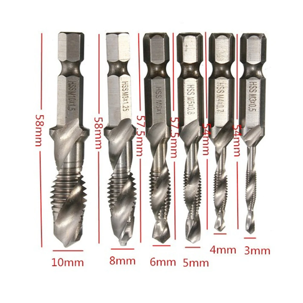 

6Pcs/Set High Standrad HSS 1/4 Inch Hex Shank Combination Drill Tap Bit Set UNC or Metric Deburr Countersink Bits