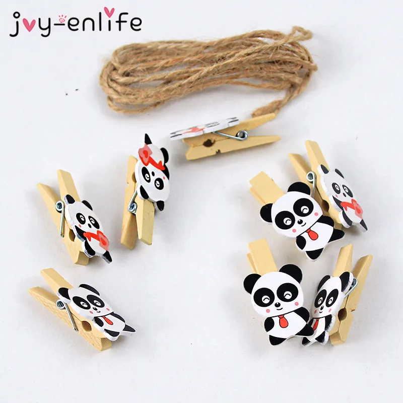 

8pcs Wooden Photo Clip Cute Panda Picture Craft Clips with Rope Kids Birthday Party Decoration DIY Photo Pegs Paper Tag Clips